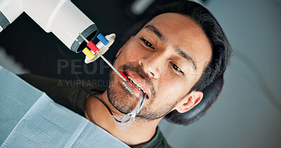 Buy stock photo Above, medical x ray and patient in dentist office for checkup or mouth operation. Dental hygiene, healthcare or oral assessment with man at clinic for appointment, dentistry procedure or surgery