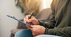 Waiting room, hands and man with clipboard for writing information, insurance form and medical history. Healthcare, hospital and person with checklist for wellness, appointment and consultation