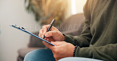 Buy stock photo Waiting room, hands and man with clipboard for writing information, insurance form and medical history. Healthcare, hospital and person with checklist for wellness, appointment and consultation