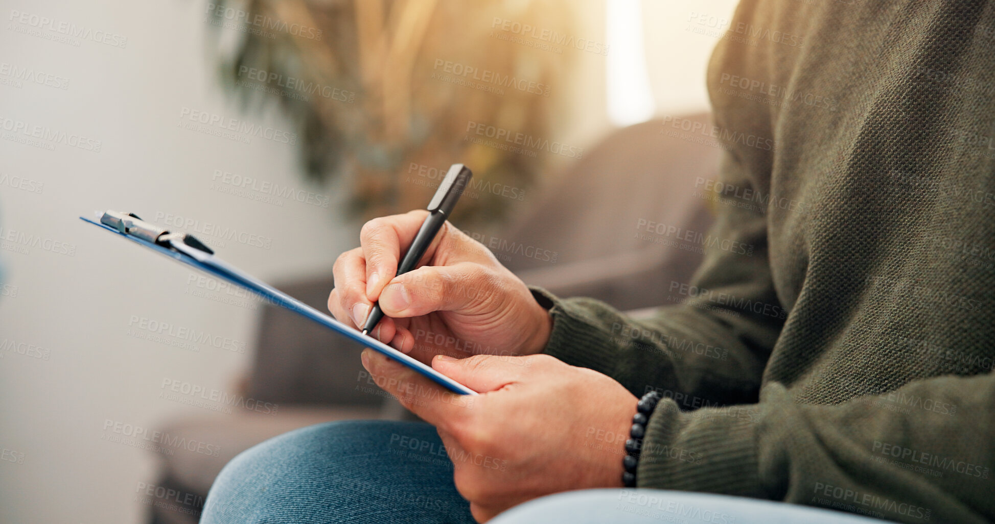 Buy stock photo Waiting room, hands and man with clipboard for writing information, insurance form and medical history. Healthcare, hospital and person with checklist for wellness, appointment and consultation