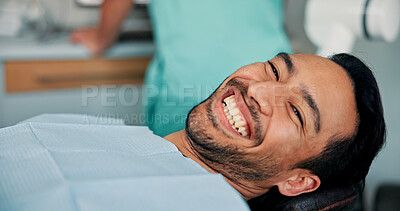 Buy stock photo Happy man, portrait or patient with smile in dental clinic for checkup, veneers or medical procedure. Appointment, hygiene or person in oral exam for dentistry, teeth whitening or cosmetics treatment