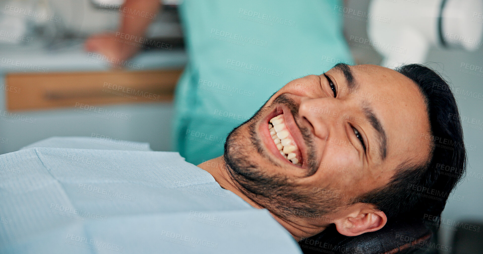 Buy stock photo Happy man, portrait or patient with smile in dental clinic for checkup, veneers or medical procedure. Appointment, hygiene or person in oral exam for dentistry, teeth whitening or cosmetics treatment