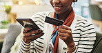 Home, credit card and black woman with smartphone, hands and online shopping with smile. African person, closeup and cellphone with debit transactions, banking and internet with payment and deal