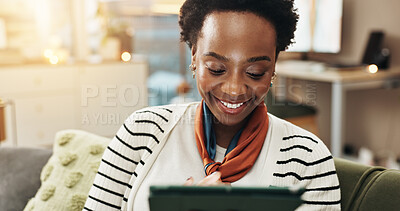 Buy stock photo Smile, tablet and black woman in home for remote work, blog and ghostwriter check report. Sofa, freelancer and digital technology with author for reading email, research story or editing publication