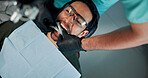 Cleaning, medical procedure and patient with dentist in office for checkup or mouth operation. Healthcare, hygiene or oral exam with man and medicine professional at clinic for dental from above