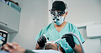 Doctor, man or patient with mouth procedure in dental clinic for help, veneers or medical surgery. Appointment, operation or client in oral exam for dentistry, teeth whitening or cosmetics treatment 