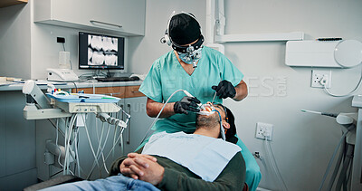 Buy stock photo Doctor, man or client with mouth procedure in dental clinic for help, veneers or medical surgery. Appointment, operation or patient in oral exam for dentistry, teeth whitening or cosmetics treatment