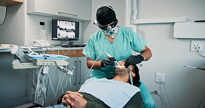 Buy stock photo Procedure, treatment or patient with doctor in dental clinic for checkup, veneers or medical help. Appointment, hygiene or person in oral exam for dentistry, teeth whitening or cosmetics consultation