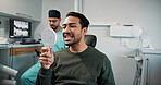 Man, mirror and dentist with teeth for dental care, hygiene or oral treatment at orthodontist. Male person, patient or smile with surgeon for tooth removal, veneers or extraction at medical clinic