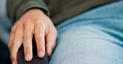 Buy stock photo Waiting room, therapy and hands of person on chair for consultation, session and appointment. Psychology, healthcare and closeup of man in clinic for wellness, counselling and meeting for support