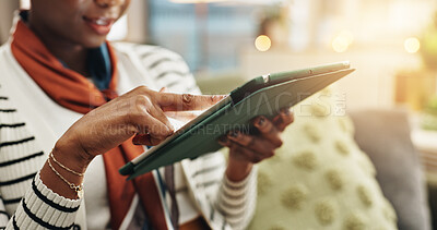 Buy stock photo Woman, hands or tablet in home to search for online blog, interior design and social media post. Digital app, living room or female person on touchscreen technology for house renovation tips on couch