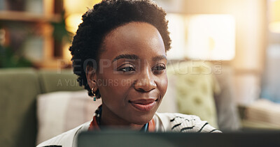 Buy stock photo Laptop, relax and smile with black woman in living room of home for browsing or streaming. Computer, internet and subscription with happy person in apartment on weekend morning for break or free time