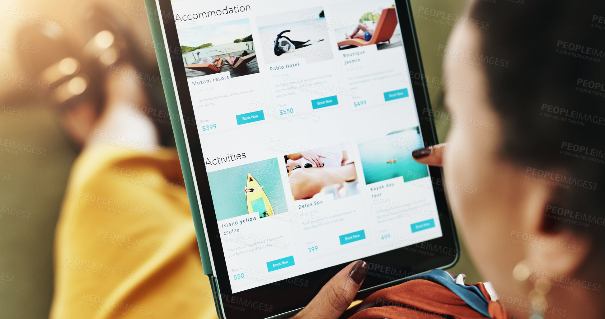 Buy stock photo Woman, hands and sofa with tablet screen for holiday, accommodation or travel website at home. Above, female person or user with technology display or app for online booking, activities or deal
