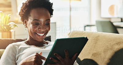 Buy stock photo Black woman, smile or tablet in home to search for online blog, interior design or social media. Digital app, living room or happy person on technology for house renovation tips or choice on couch