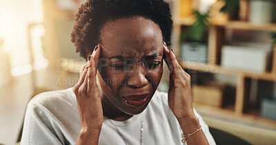 Buy stock photo Brain fog, headache and stress with business black woman in home office for freelance or remote work. Anxiety, burnout and pain with entrepreneur person in apartment for crisis, failure or mistake
