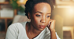 Memory, thinking and quiet with black woman in living room of home for daydreaming or nostalgia. Ideas, planning and vision with thoughtful African person in apartment for relaxing or wellness