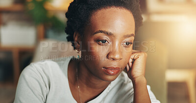 Buy stock photo Memory, thinking and quiet with black woman in living room of home for daydreaming or nostalgia. Ideas, planning and vision with thoughtful African person in apartment for relaxing or wellness