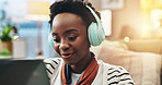 Remote work from home, headphones and black woman with laptop, copywriting and transcription project. African person, freelancer or journalist with headset, pc and internet with music, radio or sound
