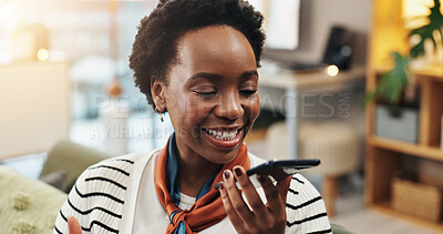 Buy stock photo Happy, black woman and talking with speaker phone on sofa for communication or audio message at home. Female person, user or smile with mobile smartphone for voice note, app or conversation at house