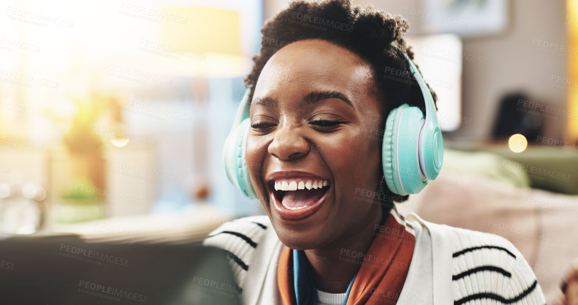 Buy stock photo Headphones, black woman and laughing with laptop in home for comedy movie, funny video and comic film. Relax, person and streaming subscription for social media meme, podcast joke and entertainment