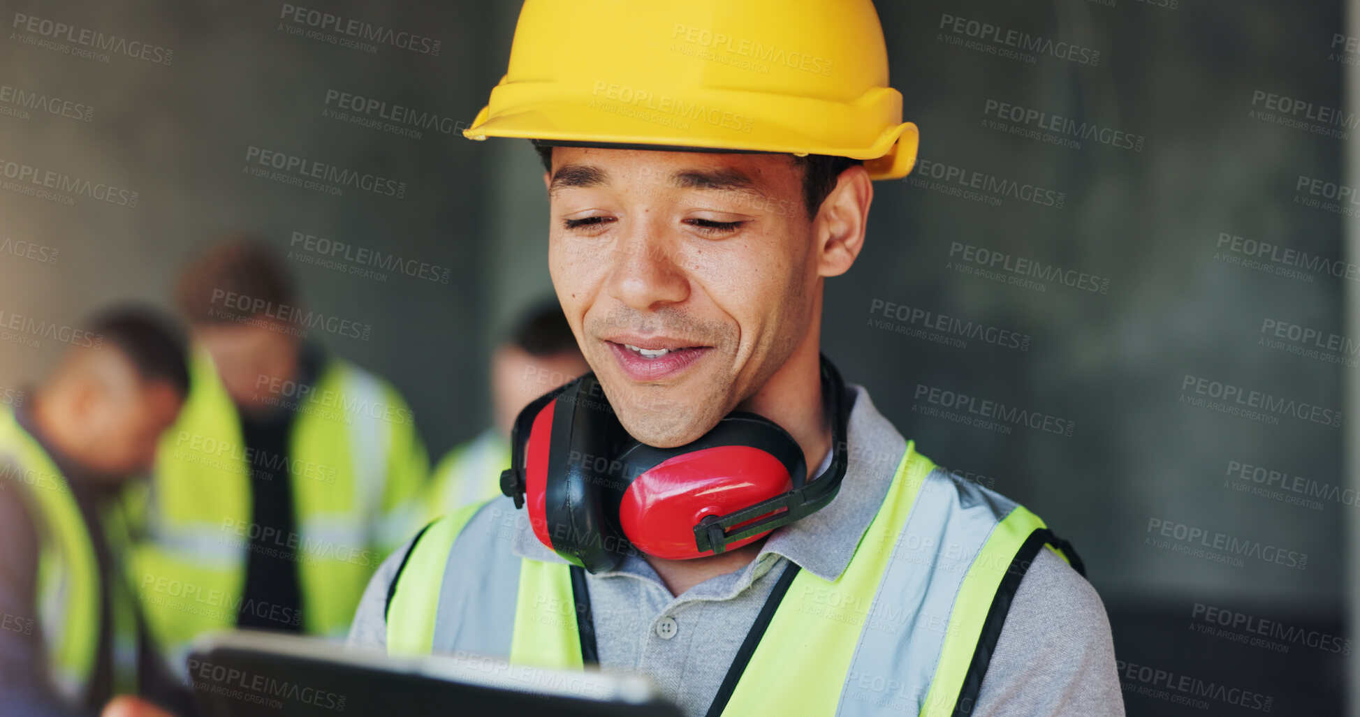 Buy stock photo Building, hardhat and tablet with construction worker man on site for civil engineering or development. App, earmuffs and planning with happy developer person on location for project management