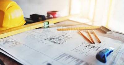 Buy stock photo Architecture, blueprint and drawing equipment on table for building renovation, design illustration and layout. Paperwork, scale and tools at construction site for floor plan and development process