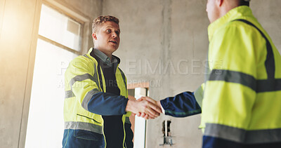 Buy stock photo Man, construction worker and handshake for agreement, renovation and low angle for deal at site. People, engineer and architect with greeting, respect and shaking hands for introduction at property