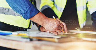 Buy stock photo Collaboration, hands and writing with construction worker people closeup on building site for planning. Architecture, blueprints and floor plan with engineering team on worksite for development