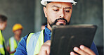 Building, civil engineering and tablet with construction worker man on site for development or inspection. App, floor plan and quality control with developer person on location for project management