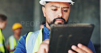 Buy stock photo Building, civil engineering and tablet with construction worker man on site for development or inspection. App, floor plan and quality control with developer person on worksite for project management