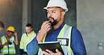 Building, radio and tablet with developer man on site for civil engineering or development. App, blueprint and communication with construction worker person on location for project management