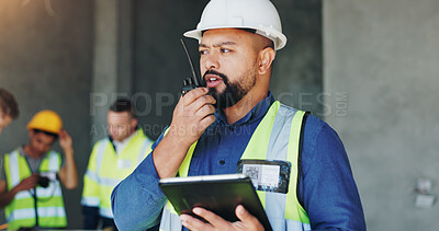 Buy stock photo Building, radio and tablet with developer man on site for civil engineering or development. App, blueprint and communication with construction worker person on worksite for project management