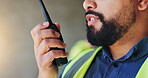 Engineering, radio and man with closeup, communication and instructions for project development. Person, employee and architecture with inspection, conversation and advice for real estate and safety