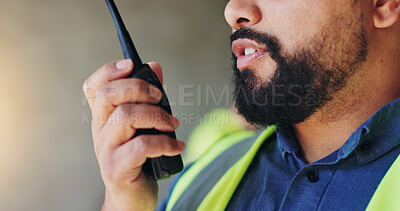 Buy stock photo Engineering, radio and man with closeup, communication and instructions for project development. Person, employee and architecture with inspection, conversation and advice for real estate and safety