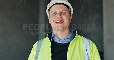 Buy stock photo Man, portrait and contractor with laugh for construction, industrial career and building renovation of development. Happy, architect and site inspection with maintenance for infrastructure project