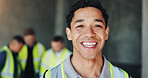 Man, portrait and engineer with smile for construction, industrial career and building renovation of development. Happy, architect and site inspection with maintenance for infrastructure project