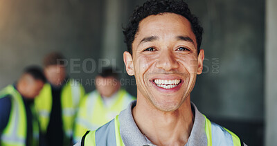 Buy stock photo Man, portrait and engineer with smile for construction, industrial career and building renovation of development. Happy, architect and site inspection with maintenance for infrastructure project