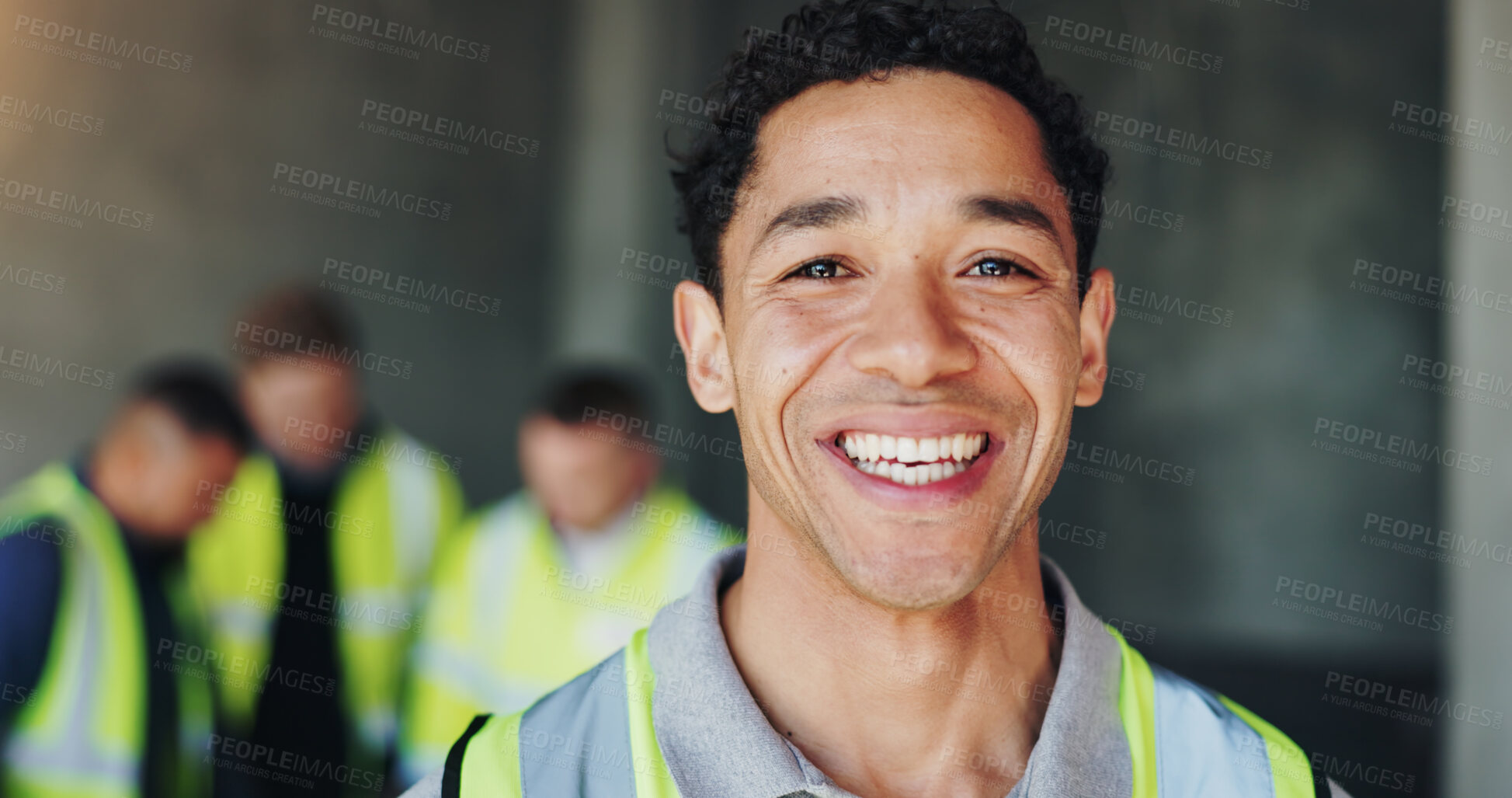 Buy stock photo Man, portrait and engineer with smile for construction, industrial career and building renovation of development. Happy, architect and site inspection with maintenance for infrastructure project