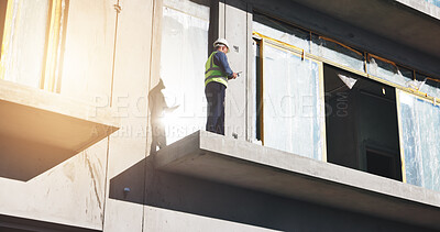 Buy stock photo Construction site, architect and man with tablet, city and inspection of process, architecture and online. Building, inspector and person with tech for development, project management and renovation