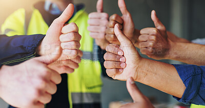 Buy stock photo Thumbs up, engineer and group in construction site, hands and opinion for safety at work, vote and yes. Closeup, people and contractor with sign for architecture, agreement and review for development