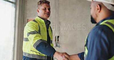 Buy stock photo Man, construction worker and handshake for deal, renovation and smile with welcome at site. People, engineer and architect with agreement, respect and shaking hands for introduction at property