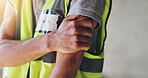 Hands, construction worker and with shoulder pain for renovation, project and arthritis with injury at site. Person, engineer and builder with burnout, muscle fatigue or tired with massage for relief