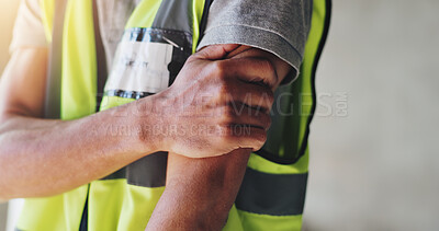 Buy stock photo Hands, construction worker and shoulder pain for renovation, project and arthritis with injury at site. Person, engineer and builder with burnout, muscle fatigue or tired with massage for relief