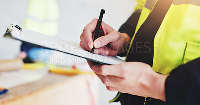 Buy stock photo Man, hands and contractor with clipboard for construction, industrial career and building renovation of development. Engineer, architect and site inspection for maintenance or infrastructure project