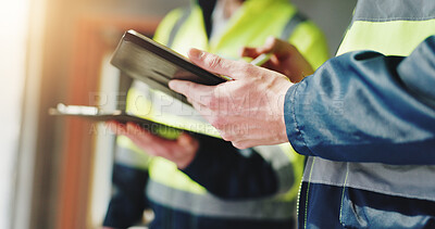 Buy stock photo Hands, construction worker and tablet for meeting, review and team with safety report at site. People, engineer and architect with touchscreen, checklist and application for survey at property