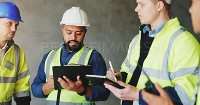 Buy stock photo Man, clipboard and group at construction site in meeting, review or planning for renovation project. Lead engineer, checklist and staff for writing, tablet or problem solving for property development