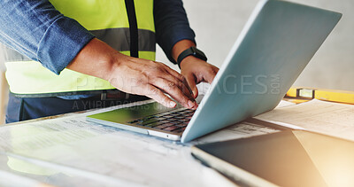 Buy stock photo Man, laptop and hands with inspection for construction, blueprint and building renovation of development. Engineer, technology and project management for maintenance with infrastructure floor plan