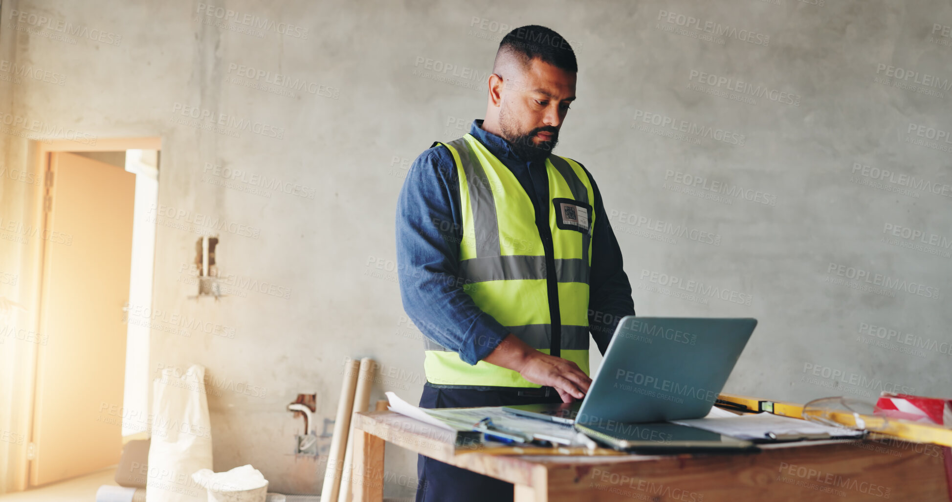 Buy stock photo Man, laptop and contractor with inspection for construction, industrial career and building renovation of development. Engineer, architect and project management with maintenance for infrastructure