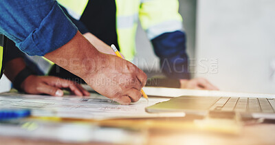 Buy stock photo Architecture, collaboration and hands with construction worker people closeup on building site for planning. Blueprints, floor plan and writing with engineering team on location for development
