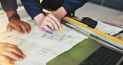 Buy stock photo Blueprints, hands and writing with construction worker people closeup on building site for strategy. Architecture, collaboration and floor plan with engineering team on location for development